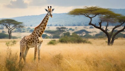 African Wildlife Wonder: Giraffe Amidst Golden Grasslands of the Wild Savanna"