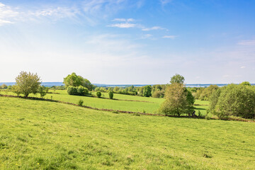 Meadows and fields in a beautiful countryside view on a sunny summer day