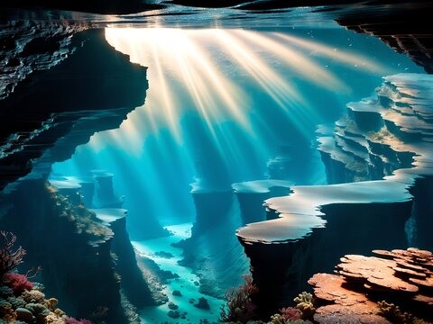 Underwater canyon. Background for design, print, card (greeting card), banner, poster, flyer, advertising, wallpaper, menu.
