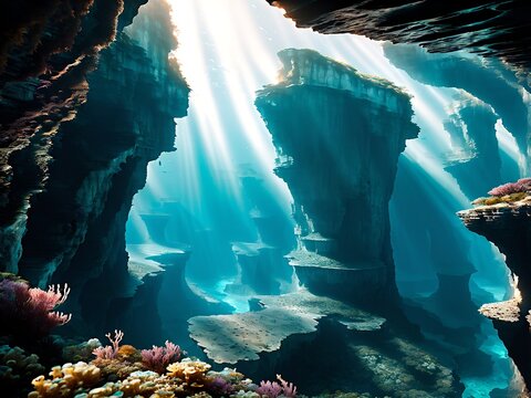 Underwater canyon. Background for design, print, card (greeting card), banner, poster, flyer, advertising, wallpaper, menu.