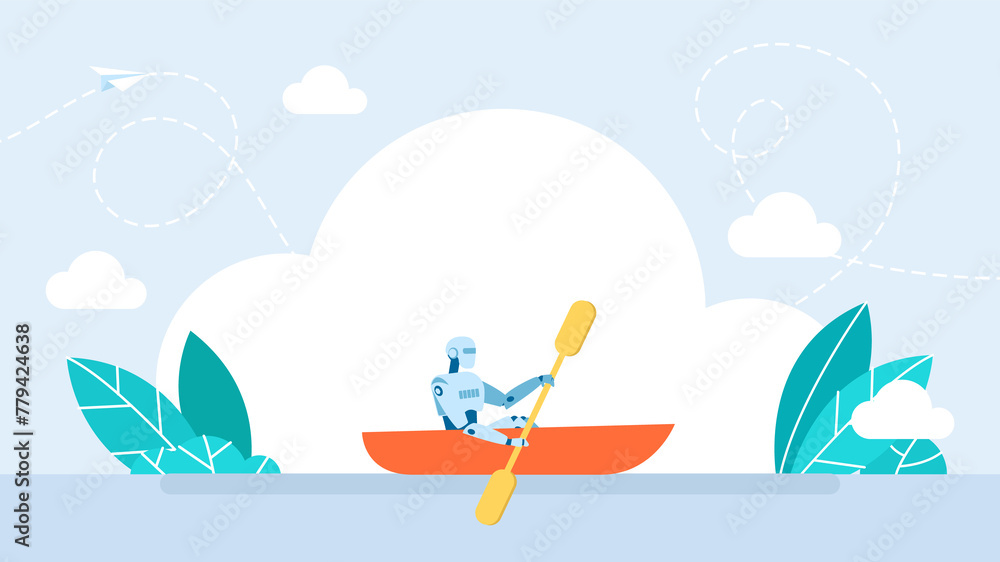 Poster artificial intelligence and future technology. ai robot on boat as symbol of futuristic vision. smar