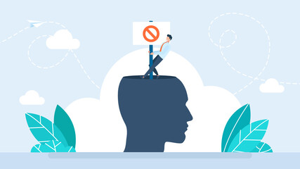 A man destroys a prohibition sign from his head. Human complexes. Declutter your mind, clear your brain to regain focus improve creative thinking ability, free up memory concept. Flat illustration - obrazy, fototapety, plakaty