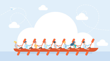 A large business team. Many people. Rowing teamwork. People group with paddle on boat canoe in river competing race, water sport team together at kayak rower athletes boating crew. Flat illustration © Yurii