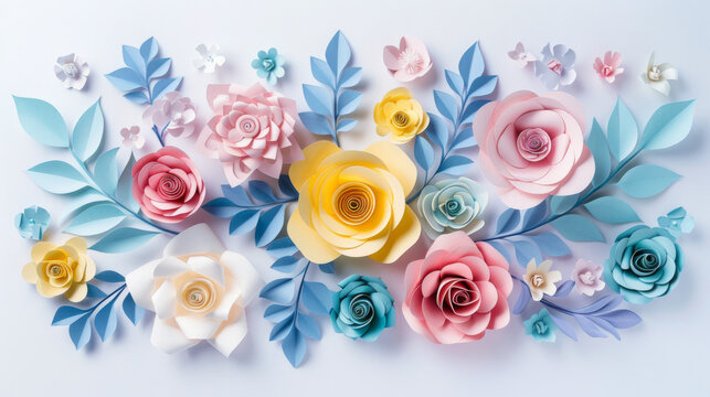 3D paper cut spring flowers background with colorful pastel leaves and roses on a white backdrop