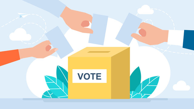Voting concept. Hands putting paper in the ballot box. Vote ballot box. Group of people putting paper vote into the box. Election concept. Referendum and poll choice event. Flat illustration