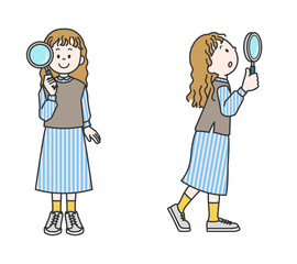 虫眼鏡を持った女の子のイラストセット