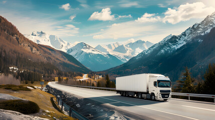 white truck on road, beautiful landscape, mountain view mockup, cargo vehicle - obrazy, fototapety, plakaty