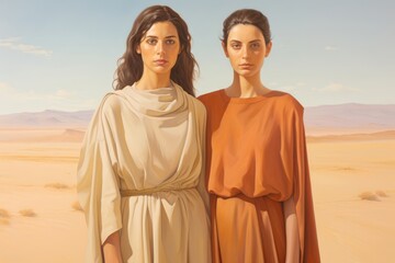 Bedouin siblings, two sisters in their early 20s, in matching pastel brown dresses, standing arm in arm under the vast desert sky