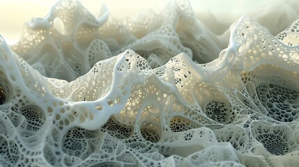 The intricate lace-like patterns formed by foam on the crest of a wave