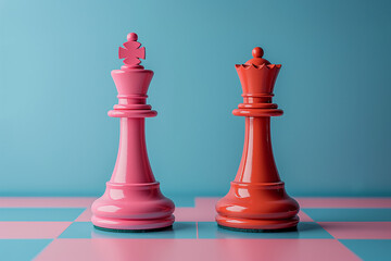 Two large pink and red chess figures, a king and queen, stand on a checkered board with a pastel blue and pink background.