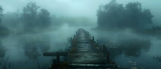 The title remains the same: "An eerie abandoned wooden bridge in fog with a dark mysterious atmosphere". Concept An eerie abandoned wooden bridge in fog with a dark mysterious atmosphere