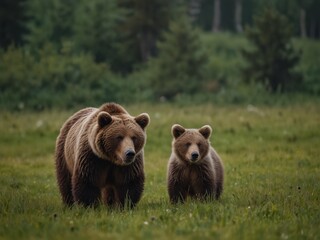 Brown bear, ursus arctos, mother with two cubs on green meadow with copy space. Wide panoramic banner of wild mammal with her lovely offsprings. Animal wildlife in summer nature