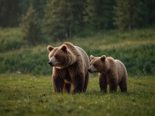 Brown bear, ursus arctos, mother with two cubs on green meadow with copy space. Wide panoramic banner of wild mammal with her lovely offsprings. Animal wildlife in summer nature