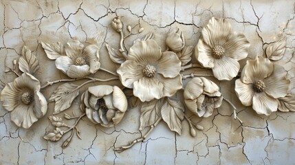 Bas-relief of floral design on a cracked wall texture. - obrazy, fototapety, plakaty