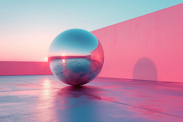 A chrome sphere sits prominently on a concrete floor casting a shadow against a minimalist pink wall, basked in soft sunlight. - obrazy, fototapety, plakaty