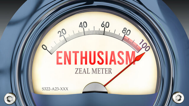 Enthusiasm and Zeal Meter that is hitting a full scale, showing a very high level of enthusiasm, overload of it, too much of it. Maximum value, off the charts.  ,3d illustration