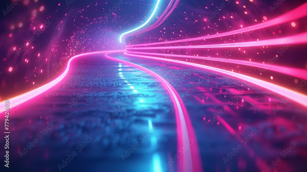 Poster 3d render abstract background with neon light lines speed, in the style of neon red and neon cyan