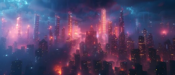 Futuristic cyberpunk city with towering buildings neon lights and advanced technology. Concept Cyberpunk Architecture, Neon Lights, Advanced Technology, Futuristic Cityscape, Towering Skyscrapers - obrazy, fototapety, plakaty