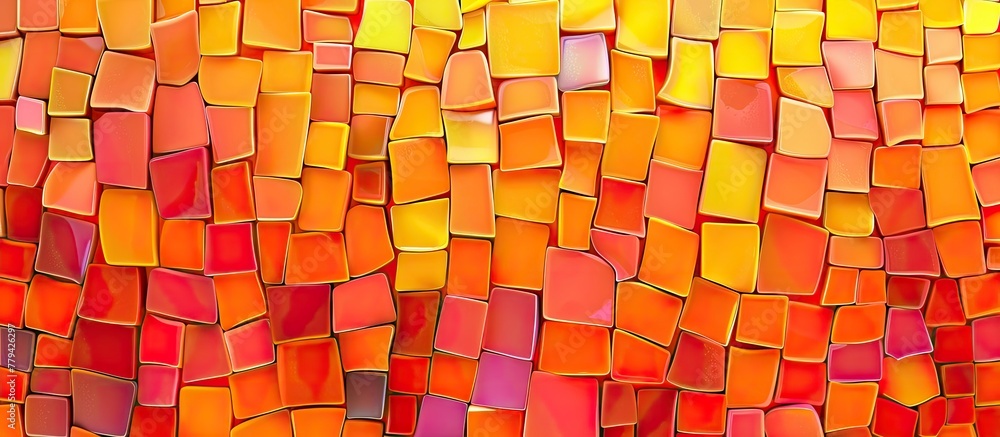 Poster closeup of a rectangular mosaic made of orange and yellow tiles resembling a textile pattern. the ar