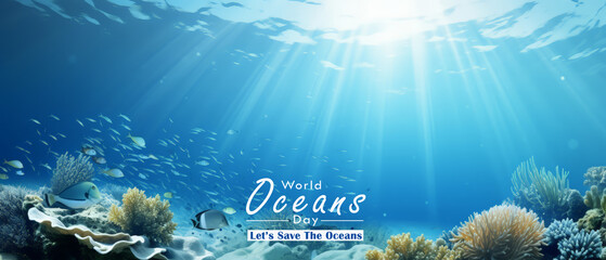 World Ocean day, save the ocean , Blue sea ocean water surface and underwater with sunny and cloudy...