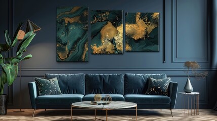 Abstract gold and turquoise wall art trio above blue velvet sofa.