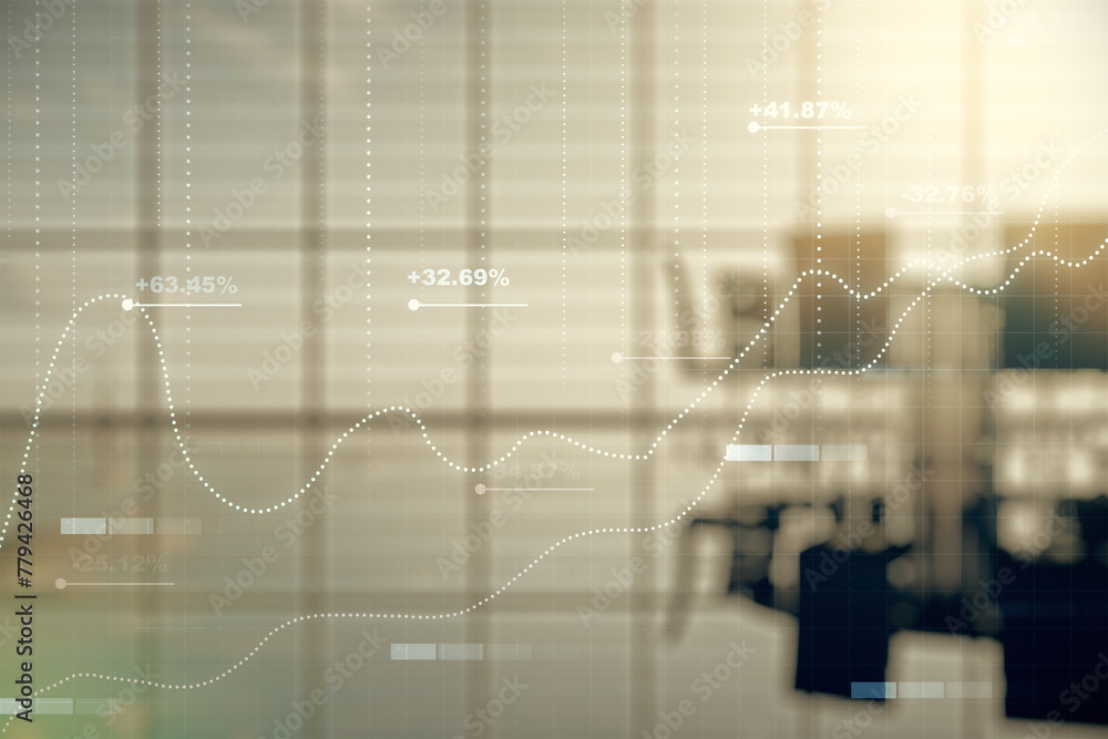 Poster Double exposure of abstract creative statistics data hologram on a modern boardroom background, analytics and forecasting concept