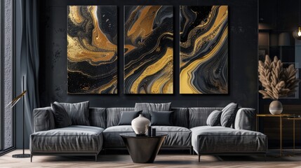 Abstract golden and black marble three-panel wall art in a modern living room.
