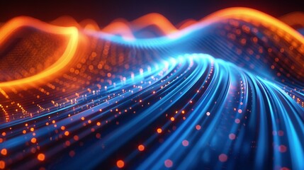 3D render, abstract background with neon light lines warp, in the style of blue and orange