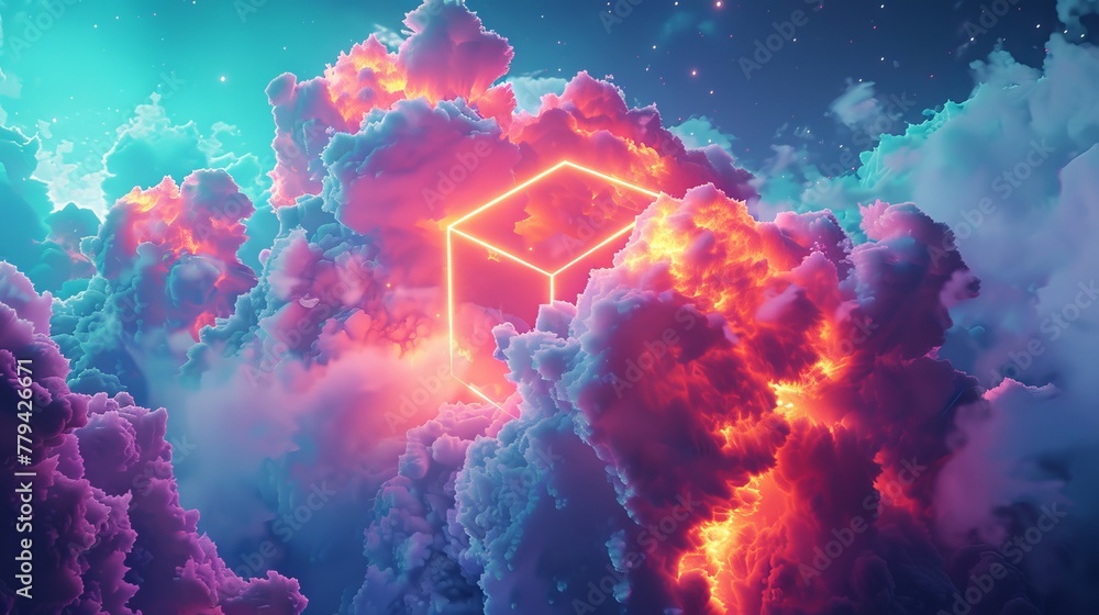 Aufkleber 3d render of a colorful cloud with glowing neon in the shape of a cube