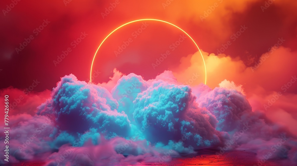 Poster 3d render of a colorful cloud with glowing neon in the shape of a sphere