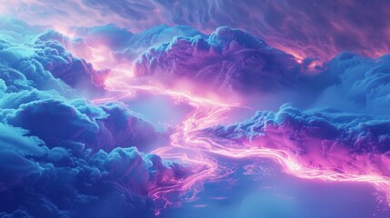 3D render of a colorful cloud with glowing neon, shaped like a river - obrazy, fototapety, plakaty