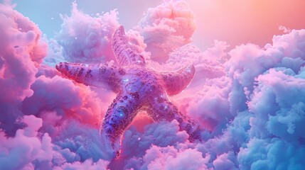 3D render of a colorful cloud with glowing neon, shaped like a starfish - obrazy, fototapety, plakaty
