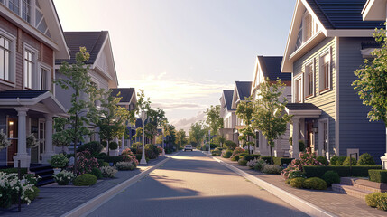 Sunny street with private modern houses