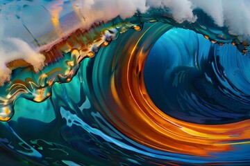 Abstract Fire and IceOn the north shore of Oahu, Hawaii, a perfect large breaking ocean barrel wave was captured. Generative AI Generative AI - obrazy, fototapety, plakaty