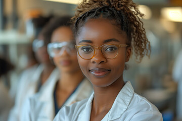 A woman with cornrows and wearing glasses and a lab coat is smiling at the camera in a fun event. She is happy and promoting vision care in a school uniform