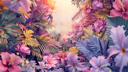 Fototapeta na wymiar Tropical leaves and flowers in pastel purple wedding ceremony decor background
