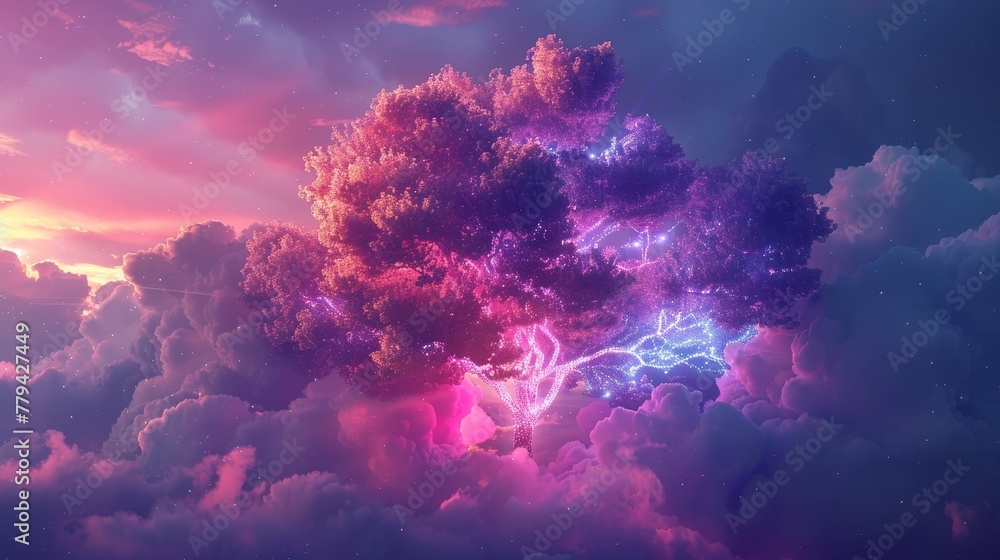 Poster 3d render of a colorful cloud with glowing neon, shaped like a tree