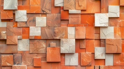 A brick orange wall with squares of different sizes and textures, The background is a white wall...