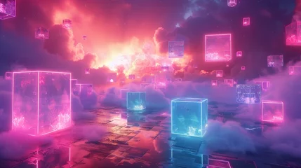  3D render of glowing neon cubes floating in a surreal landscape © MAY
