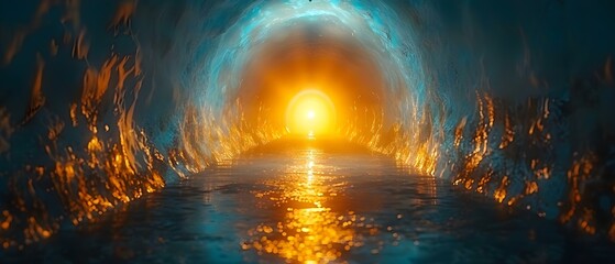 Captivating atmosphere created by eerie tunnel with dim light at end. Concept Eerie Tunnel, Dim Lighting, Captivating Atmosphere - obrazy, fototapety, plakaty