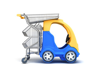 Baby blue car with a shopping basket in the right side back view 3d render on white - 779427669
