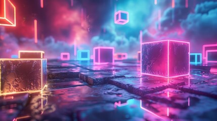 3D render of glowing neon cubes floating in a surreal landscape