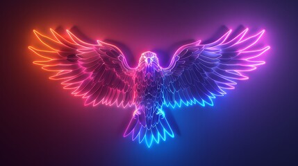 3D render of glowing neon eagle symbol on a randomly colored background