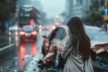 Shocked Female Driver Assessing Severe Car Accident in Busy Street, Concept of Road Safety Awareness and Emergency Response
