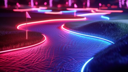 3D render of glowing neon golf course on black background, in the style of serene - obrazy, fototapety, plakaty