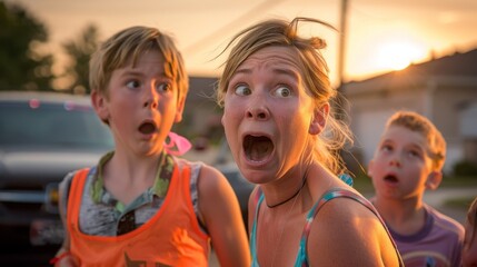 Fototapeta premium Astonished Family Reacting to Car Accident in Suburb, Concept of Shock and Unforeseen Incidents in Daily Life 