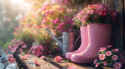 Gardening - a set of tools for a gardener and beautiful rubber boots and flower pots in a sunny...