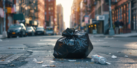 Obraz premium Global environmental pollution. Two plastic rubbish garbage trash bags on the city street in the middle of road. Cleaning of the living town zone. Environmental conservation ecology concept