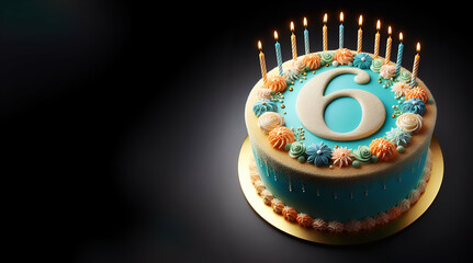 A birthday cake with a candle that says 6 on it with black background, generative ai