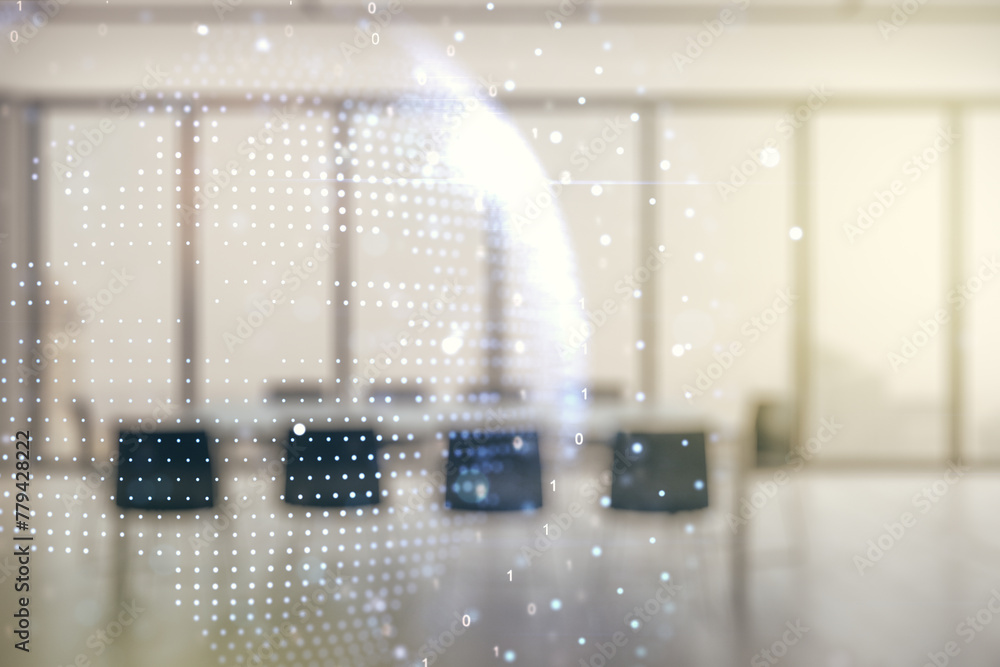 Poster multi exposure of abstract creative digital world map hologram on a modern meeting room background, 
